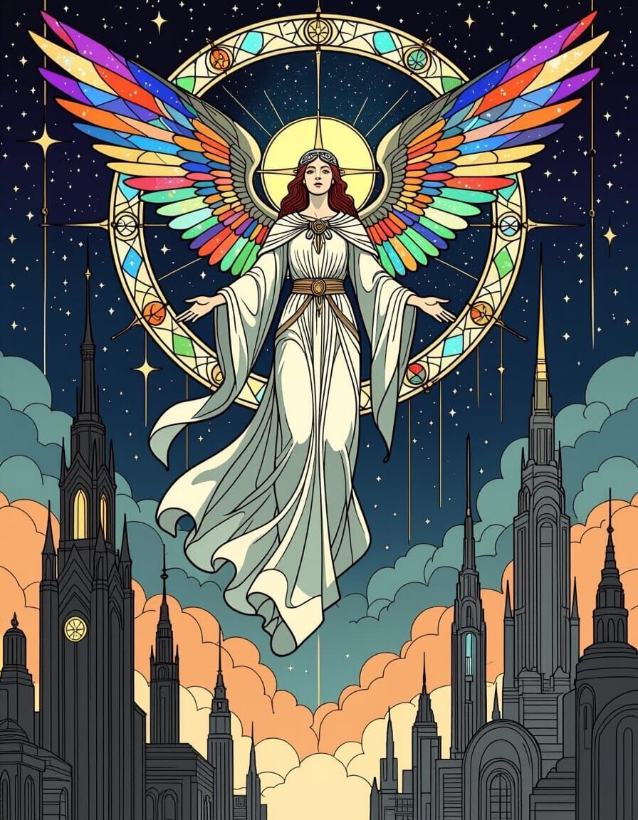 Celestial Being Above Futuristic City in Gothic Art Nouveau ...