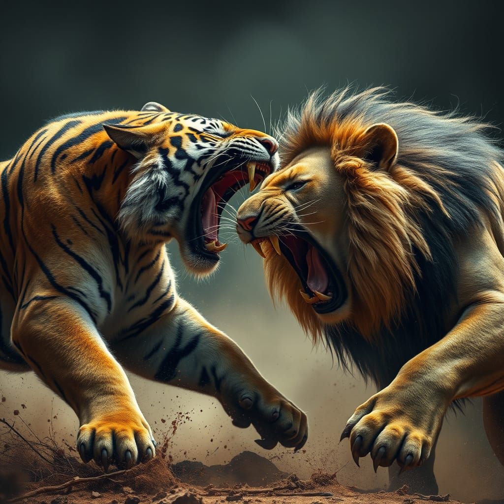 Tiger and Lion Fierce Battle in Realistic Style