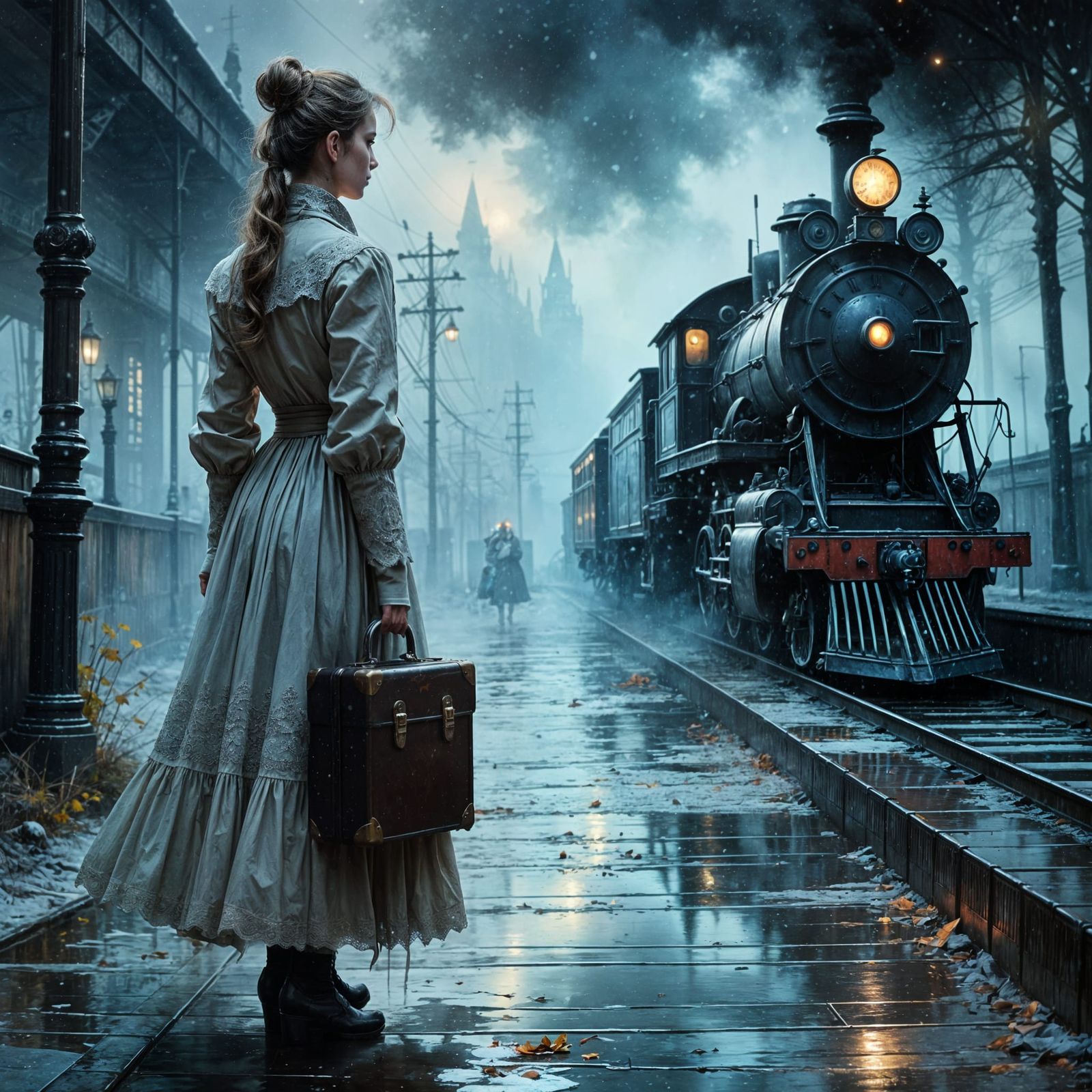 "A solitary woman stands on a dimly lit train platform, her ...