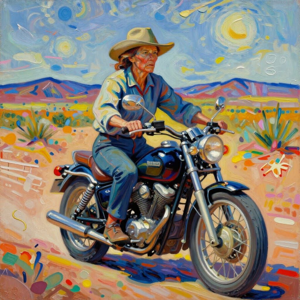 Georgia O'Keefe Rides Motorcycle in New Mexico Desert