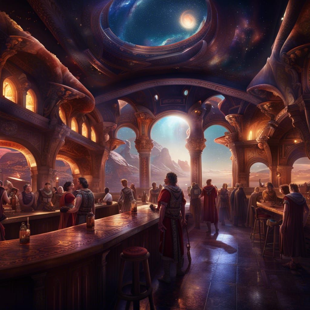 Roman Tavern in Alien Spaceport, Detailed Matte Painting