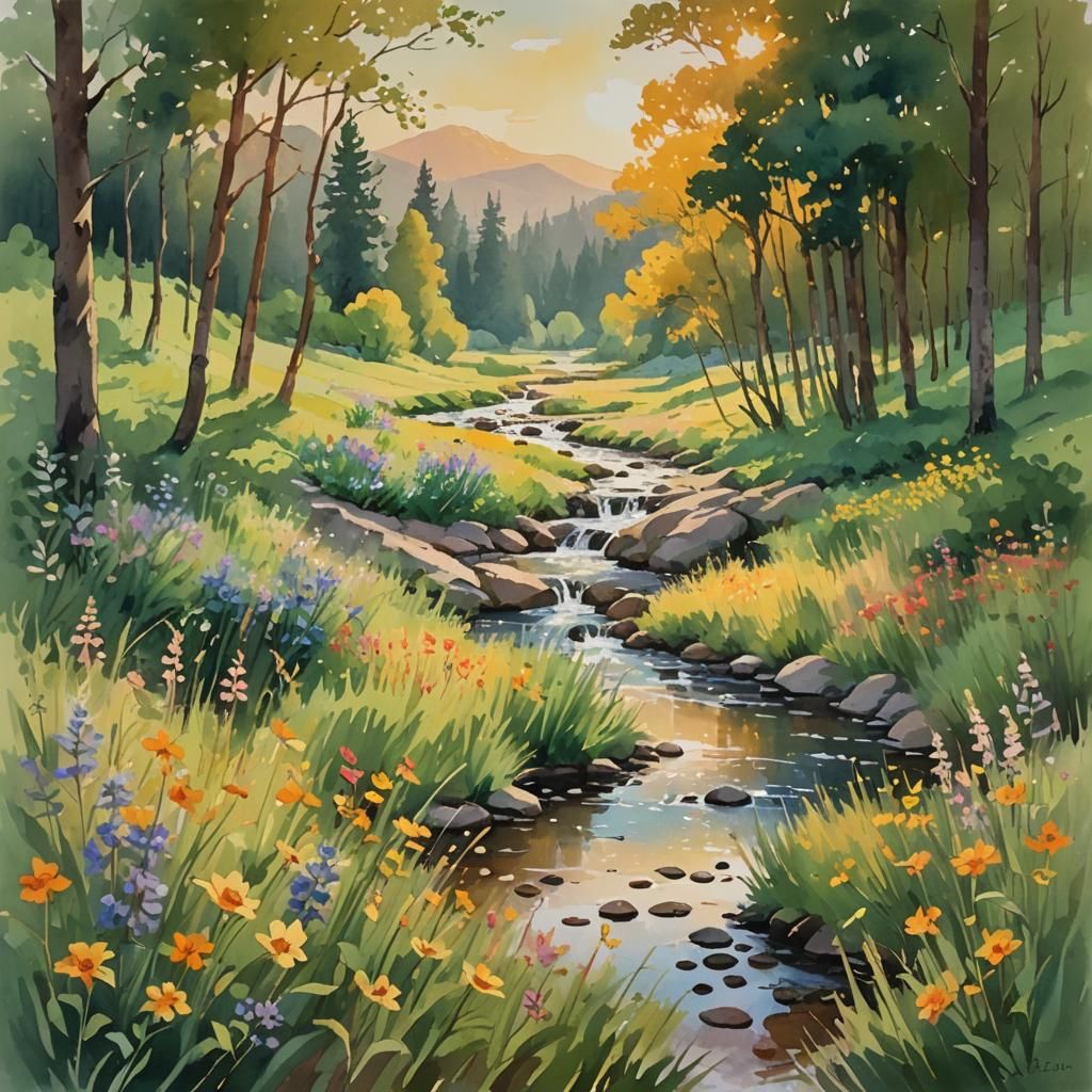 Valley School in Impressionist Gouache Style