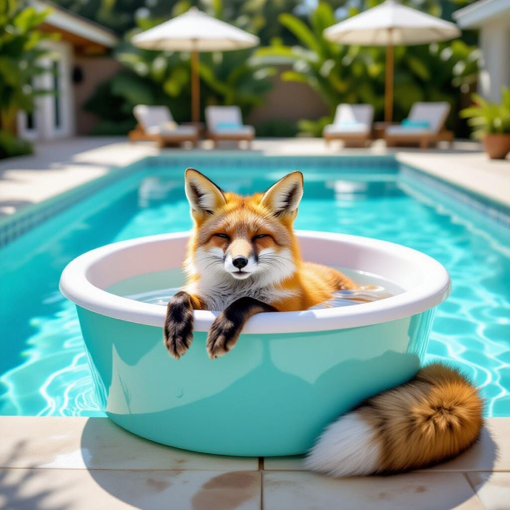 Fox Bathes in Outdoor Pool with Bright Colors