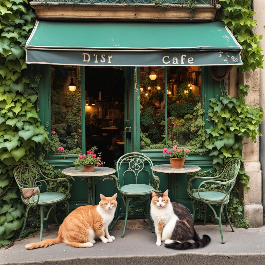 Cats Sleeping in an Overgrown Paris Cafe