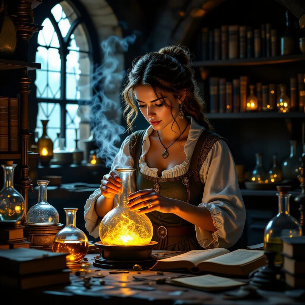 Female Alchemist in Medieval Lab, Dark Fantasy Style