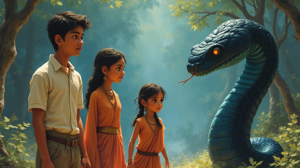 Mystical Encounter with Talking Snake, Vibrant Art Style