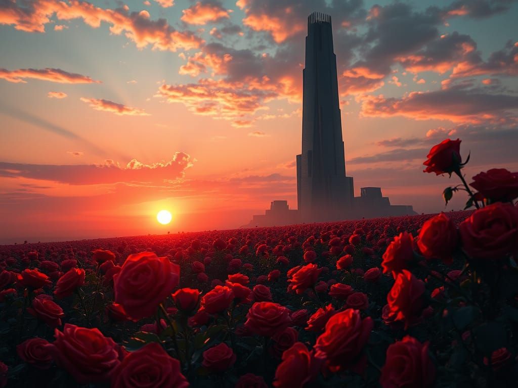 Ethereal Dark Skyscraper Amidst a Blazing Red Rose Field at ...