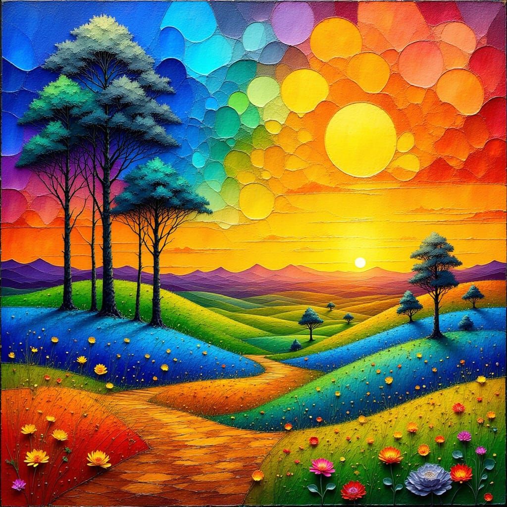 Stained Glass Sky Over Rolling Hills