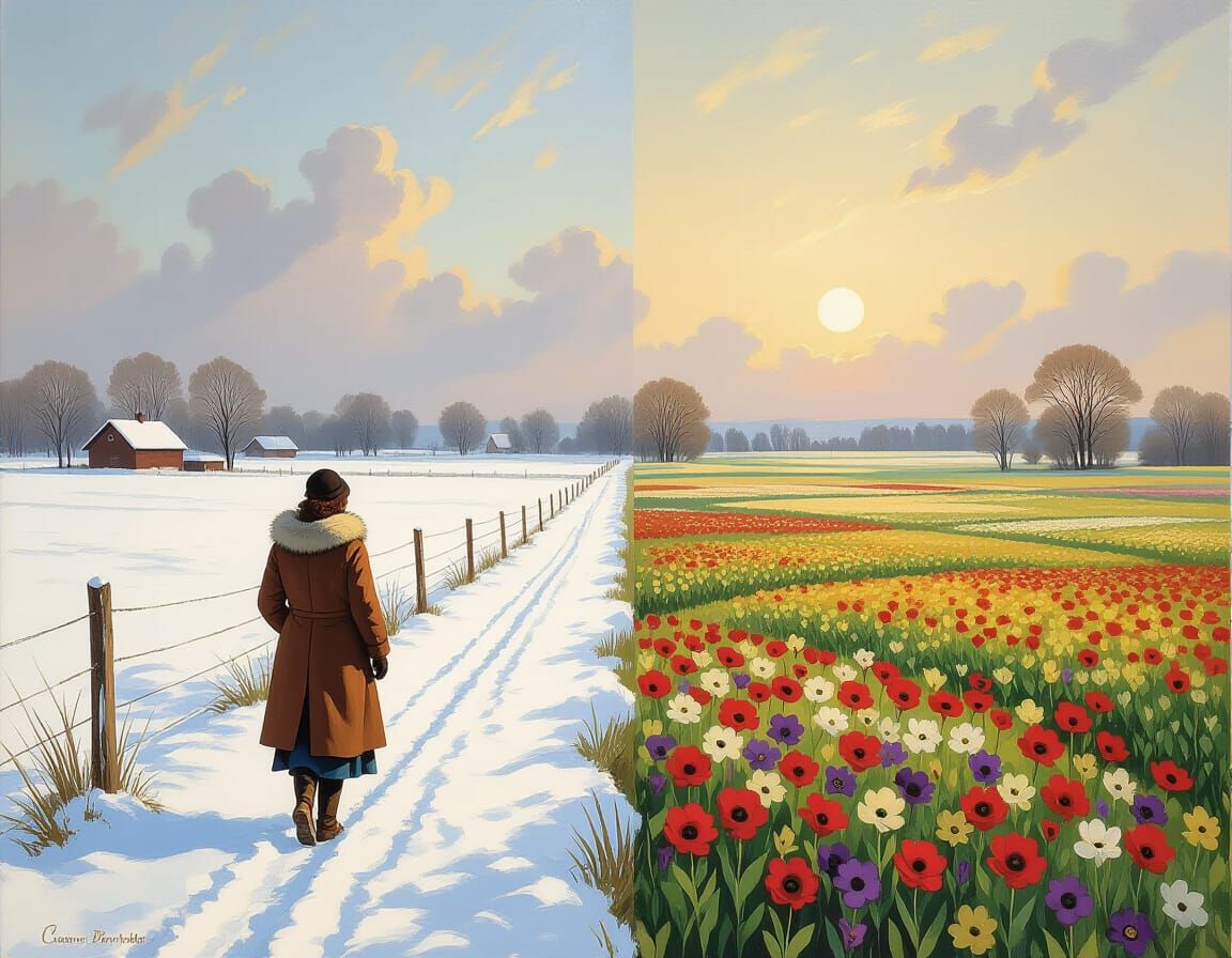 Winter and Spring Fields Divided: A Woman in Nature's Transi...