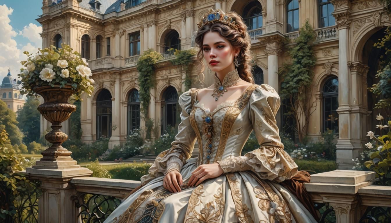 Victorian Woman in Palace Garden, Surrealist Art