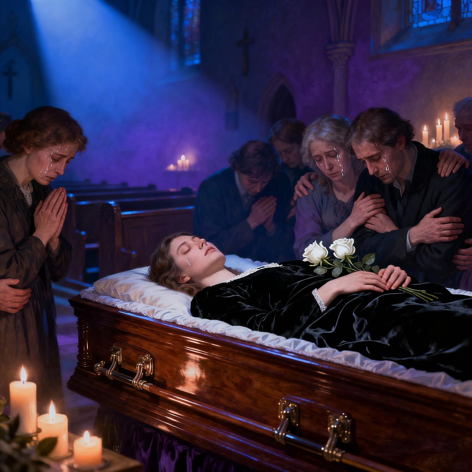 Grieving Loved Ones Surround Woman in Casket