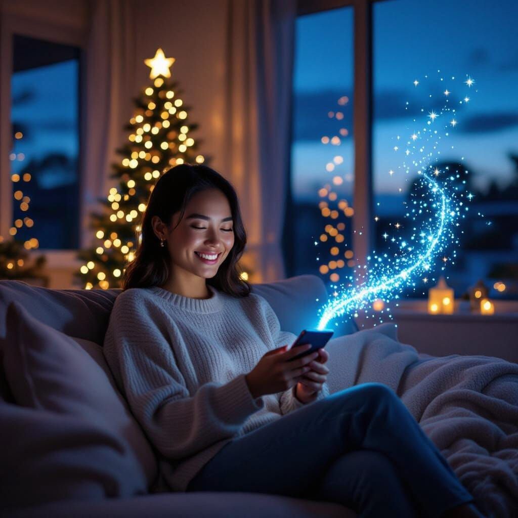 Filipina Woman Sending Love Home in Cozy Christmas Living Ro...