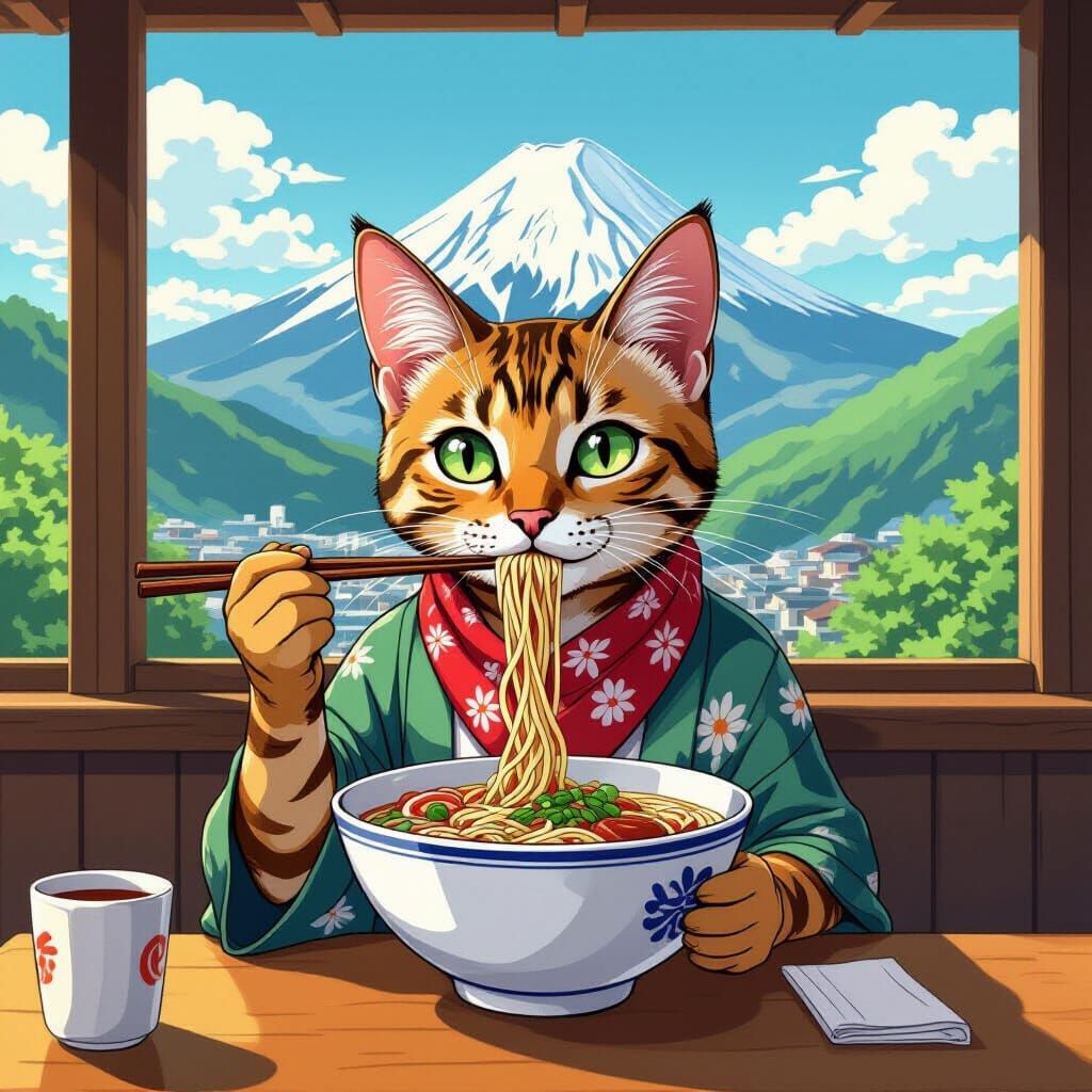 Bengal Cat Slurping Ramen: Manga Anime Style