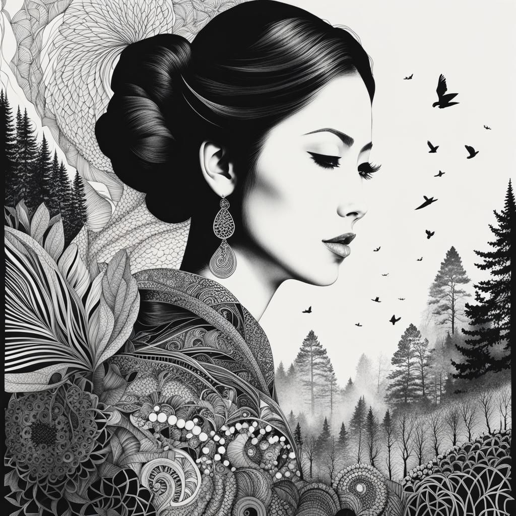 Stunning Zentangle Line Art with Double Exposure