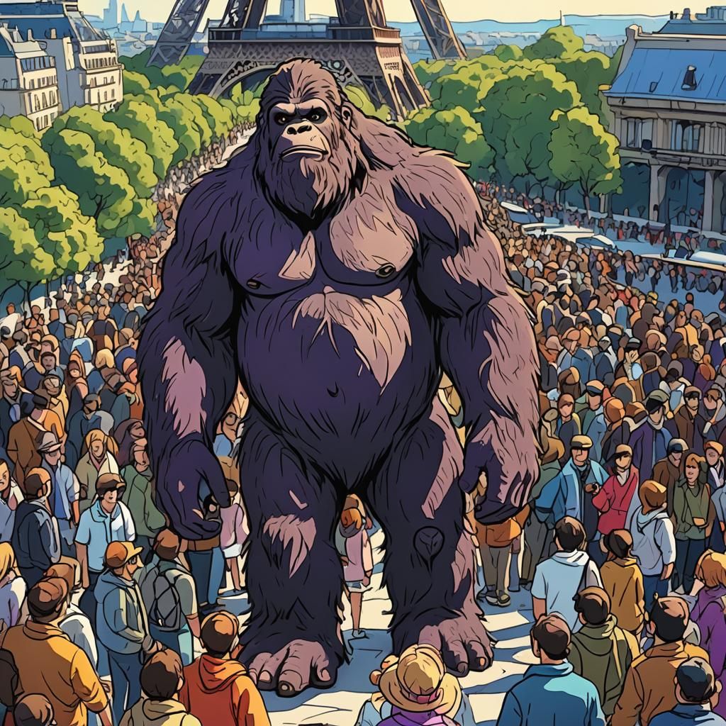 Bigfoot Sightings at Eiffel Tower in Anime Style