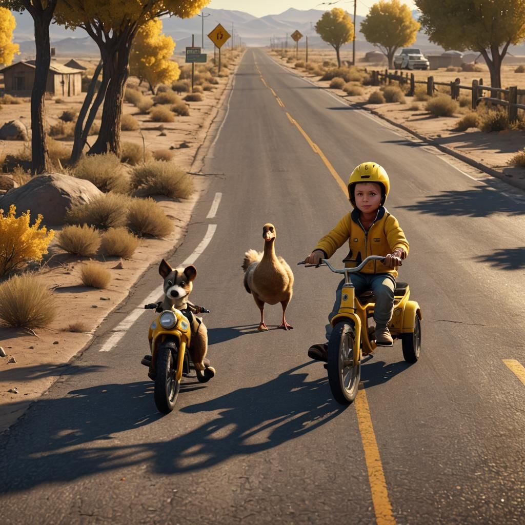 Boy on Tricycle with Dog and Goose, Route 66