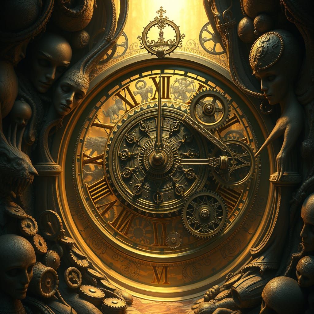 Timeless Clockwork Dreamscape in Warm Golden Light