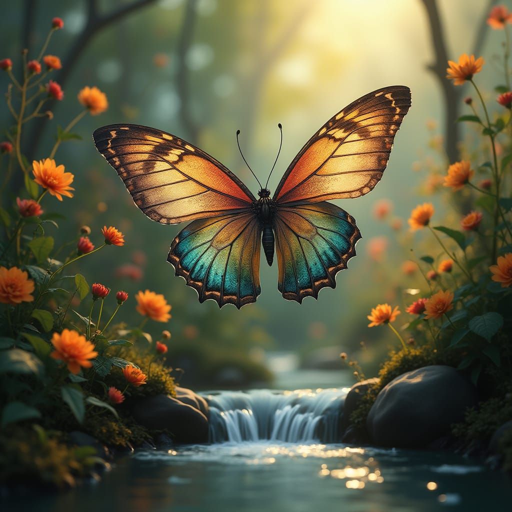 Ethereal Butterfly Falls Amidst Whimsical Ecosystem