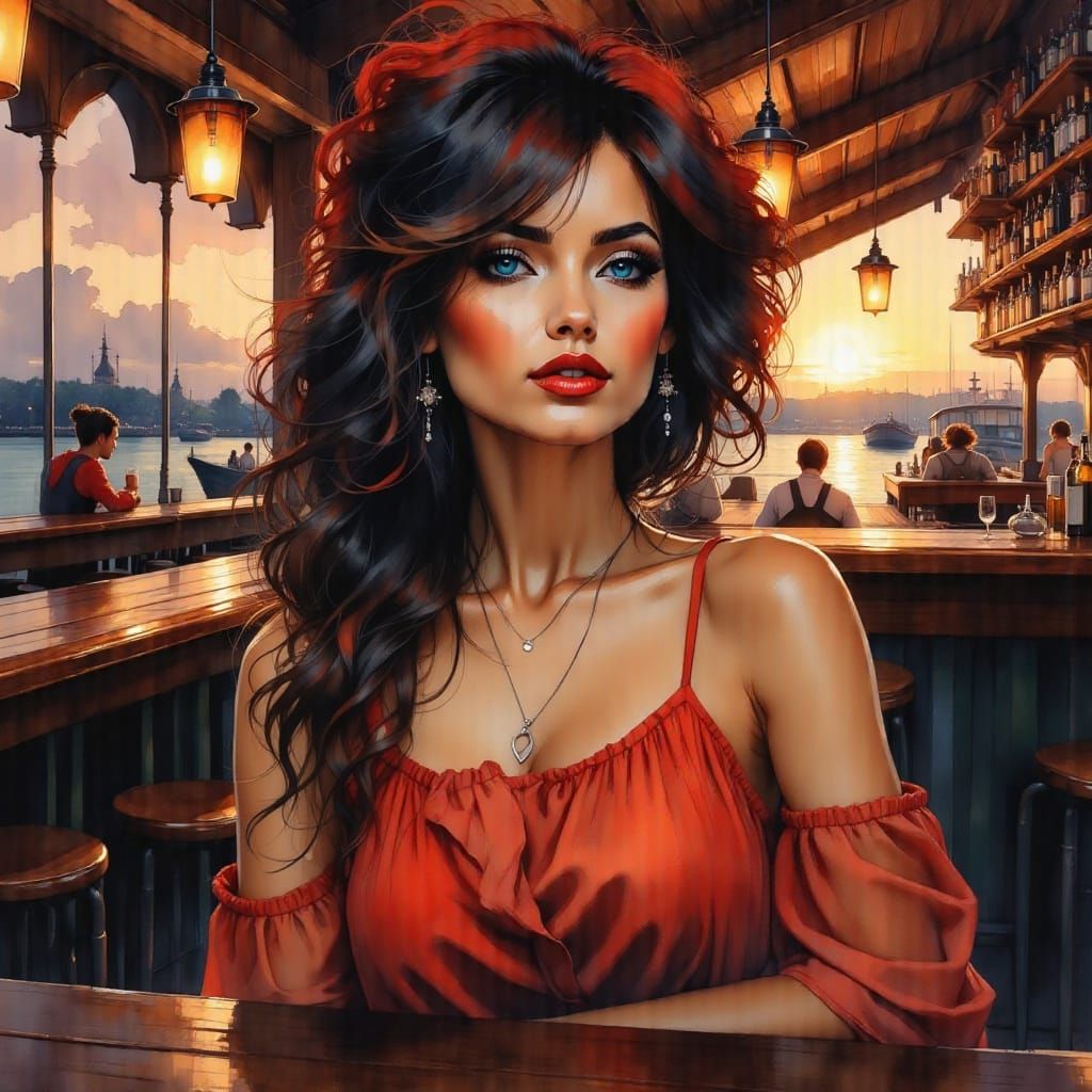 Elegant Woman in Bar with Sunset, in Oil Painting Style