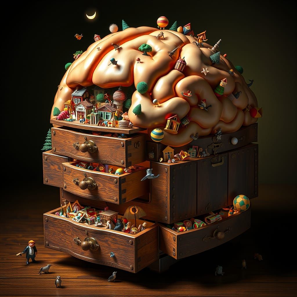 Whimsical Brain Chest of Memories in Escher Style