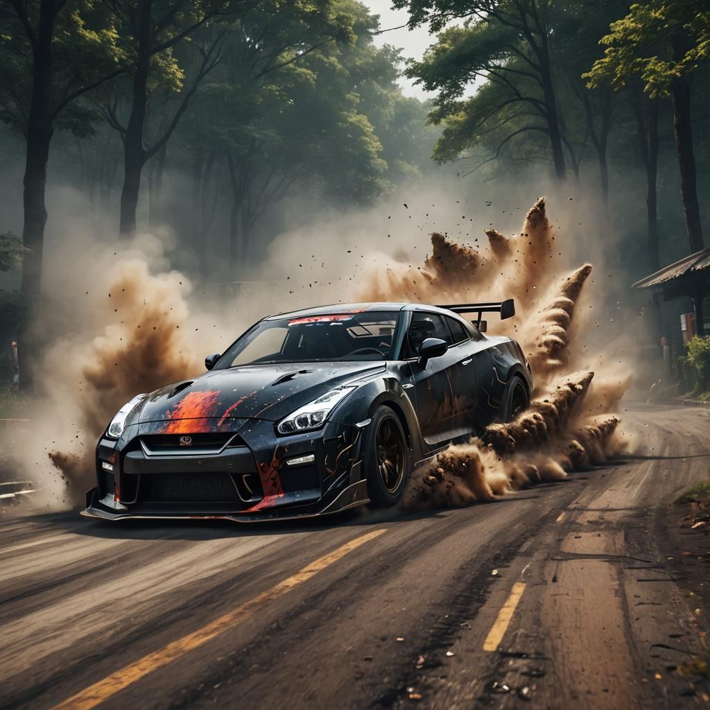 Nissan GTR Drifting with Flames, Matte Painting