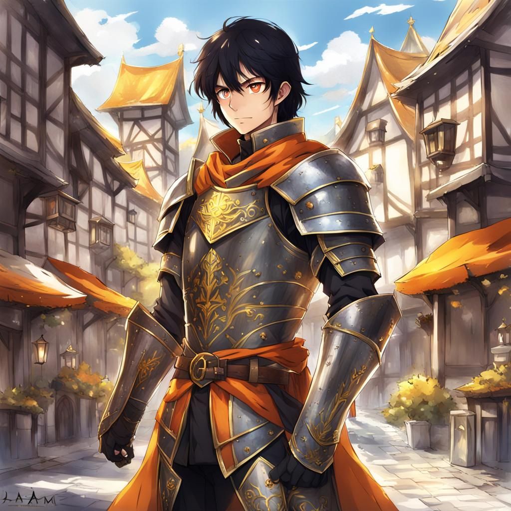 Fantasy Lord in Medieval Town Square, Anime Style