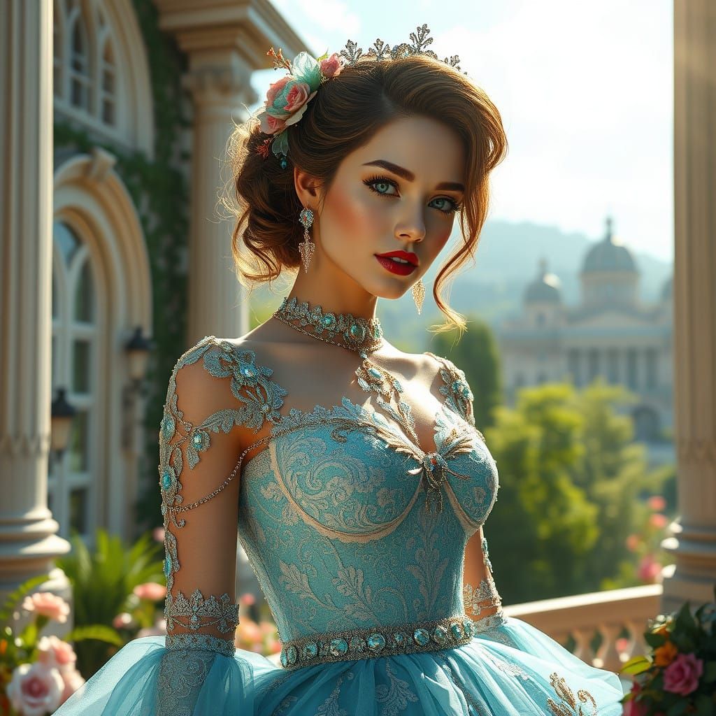 Elegant Woman in Turquoise Gown against Exquisite Rococo Bac...