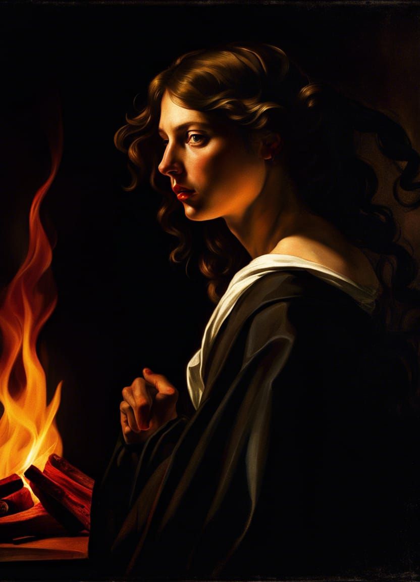 Chiaroscuro Portrait with Firelight, in the Style of Caravag...
