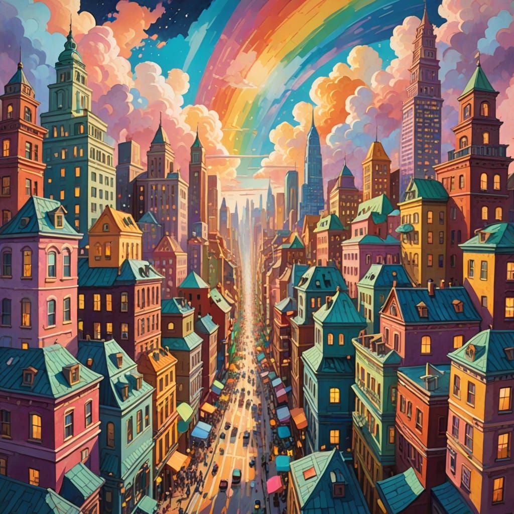 Whimsical Candy Cityscape with Swirling Pastel Clouds