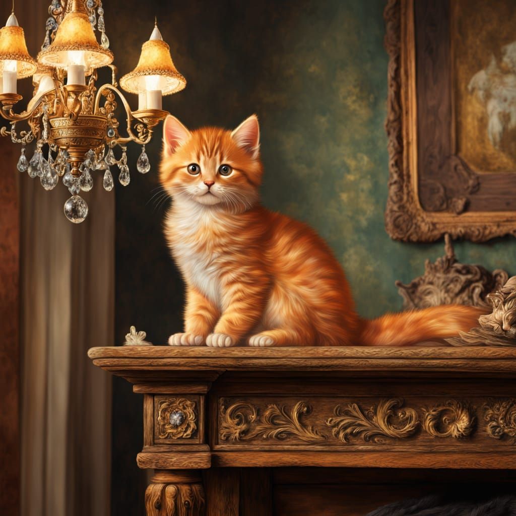 Cozy Orange Kitten on Vintage Chandelier