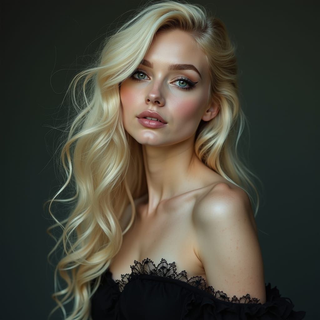 Gothic Blonde Woman with Golden Hair and Enigmatic Smile
