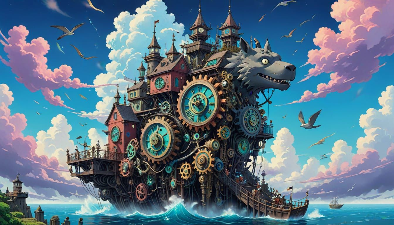 Floating Clockwork City with Animal Automatons