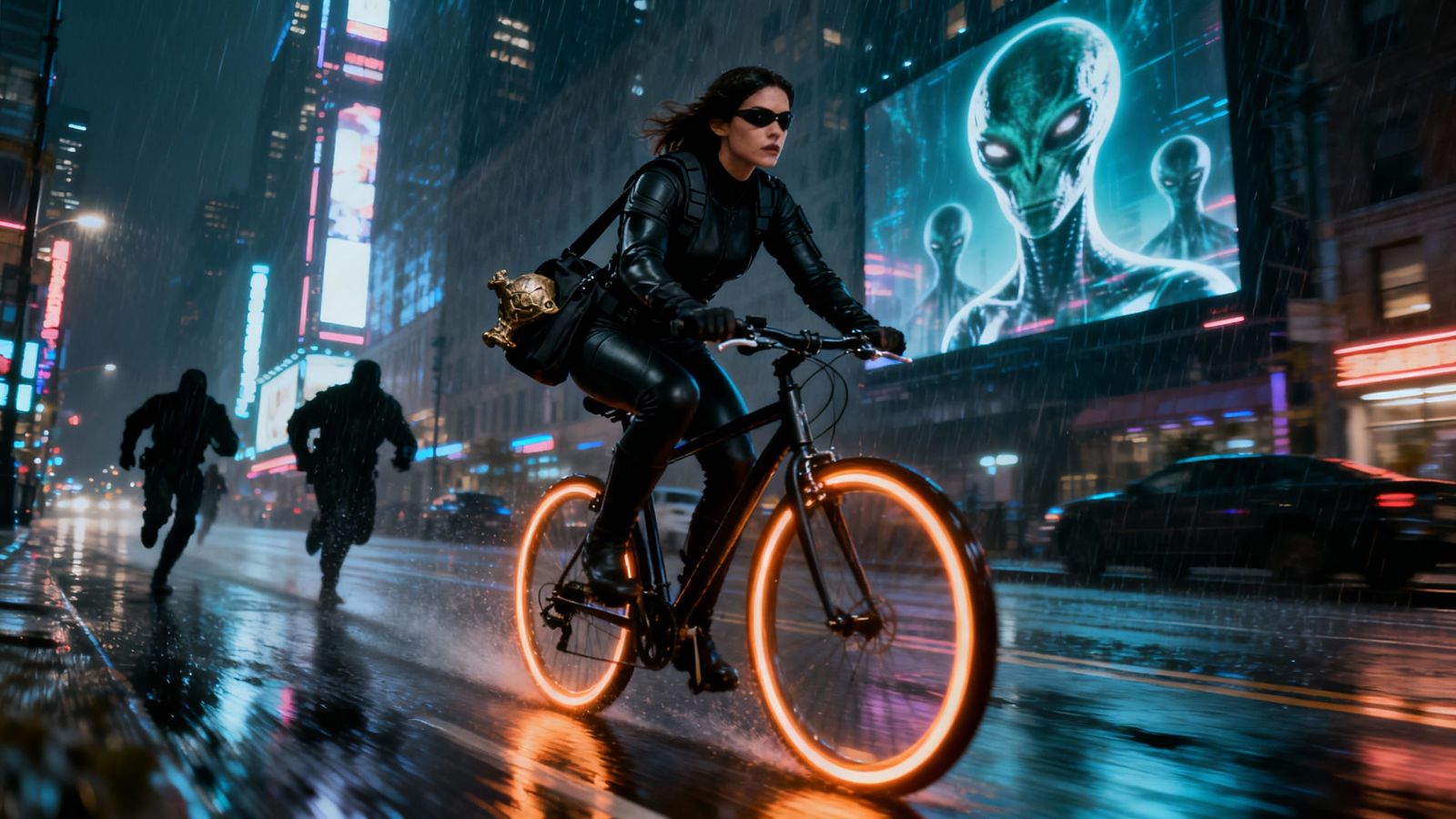 Female Agent Races Through Neon City Streets