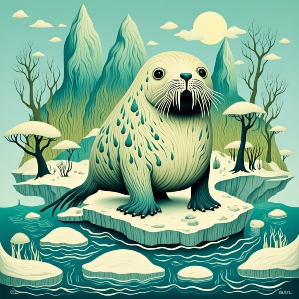 Woodcut Walrus on Ice Block