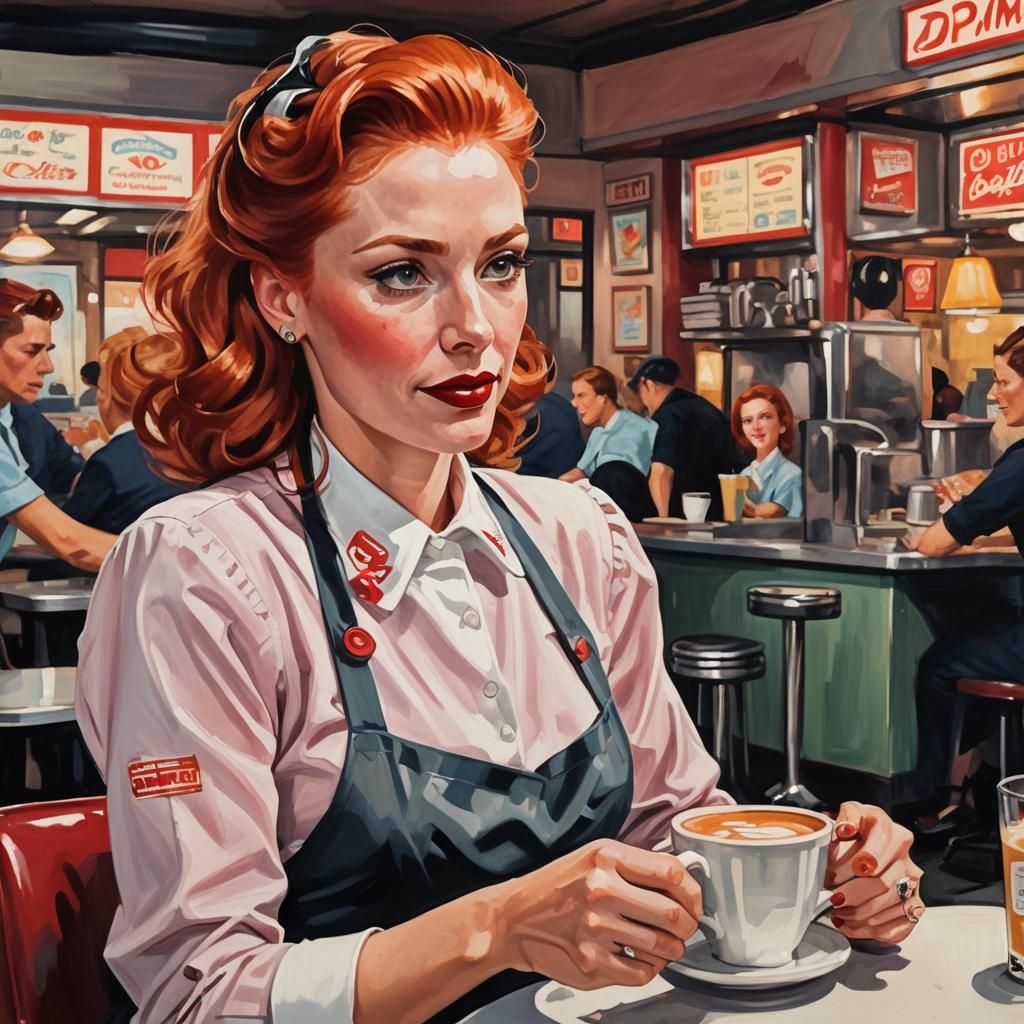 1940s Diner Gouache Painting of a Waitress