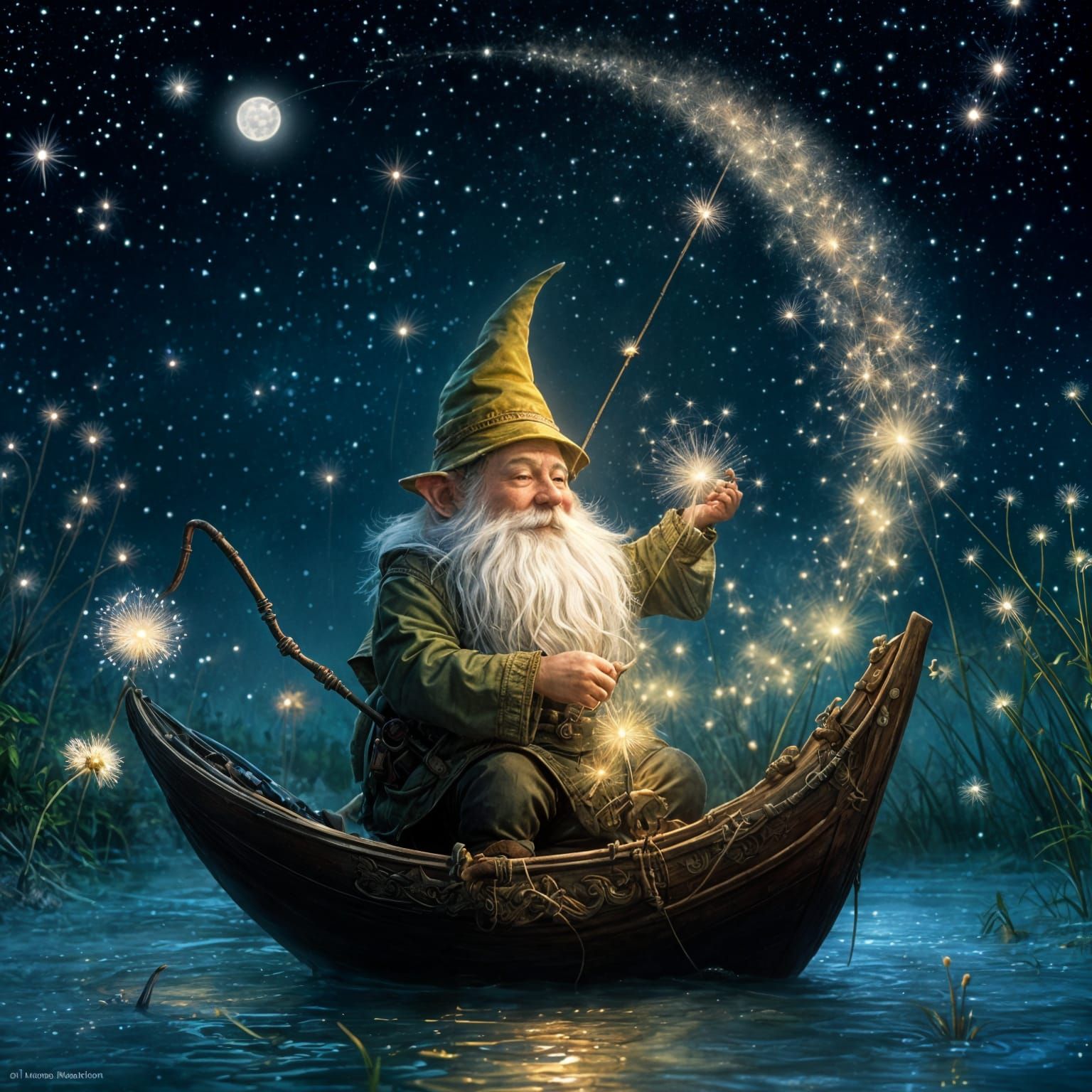 Whimsical Gnome Fishing for Dandelion Wishes