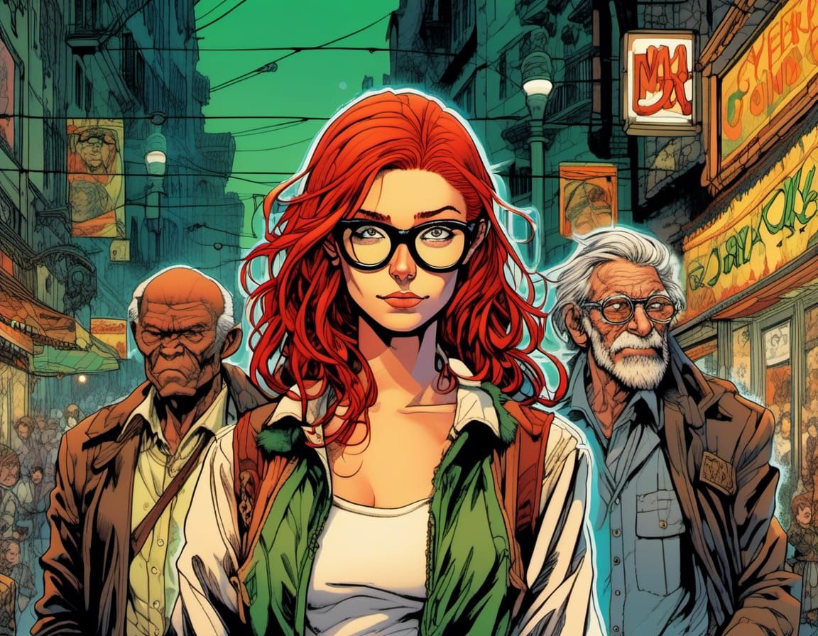 Epic Comic Cover with Redhead, Student, and Old Man