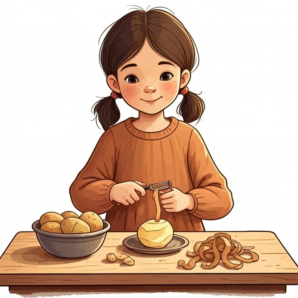 Sweet Girl Peels Potatoes in Cozy Whimsical Setting