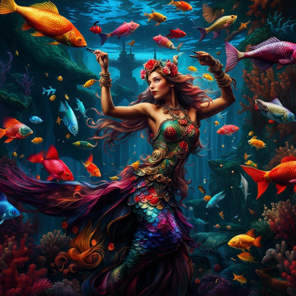 Colorful Mermaid's Underwater Dance in Maximalist Style