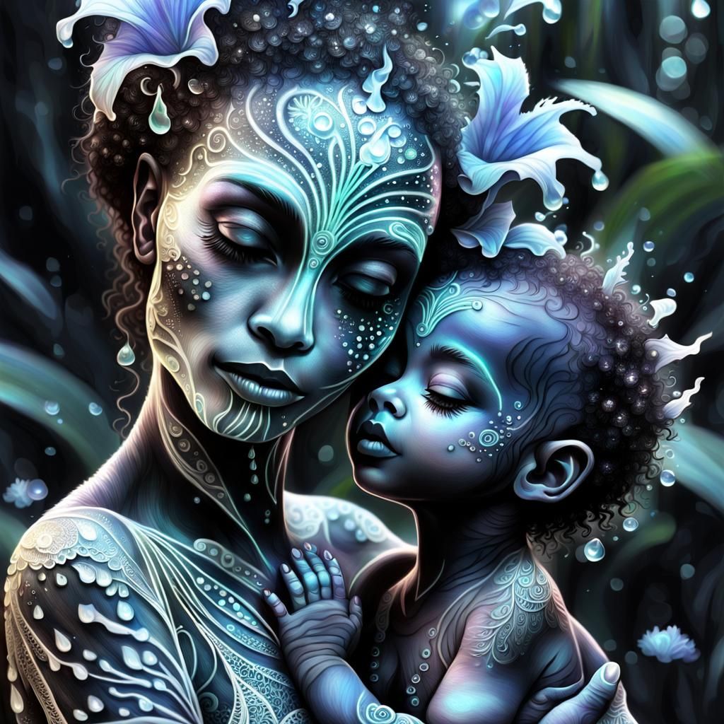 Mama and Baby Alien Portrait in 3D Neon Style