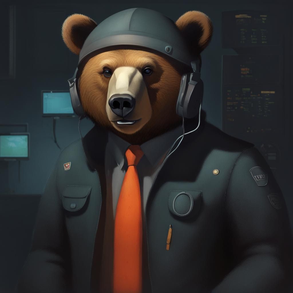 Bear Using a Computer in the Foreground