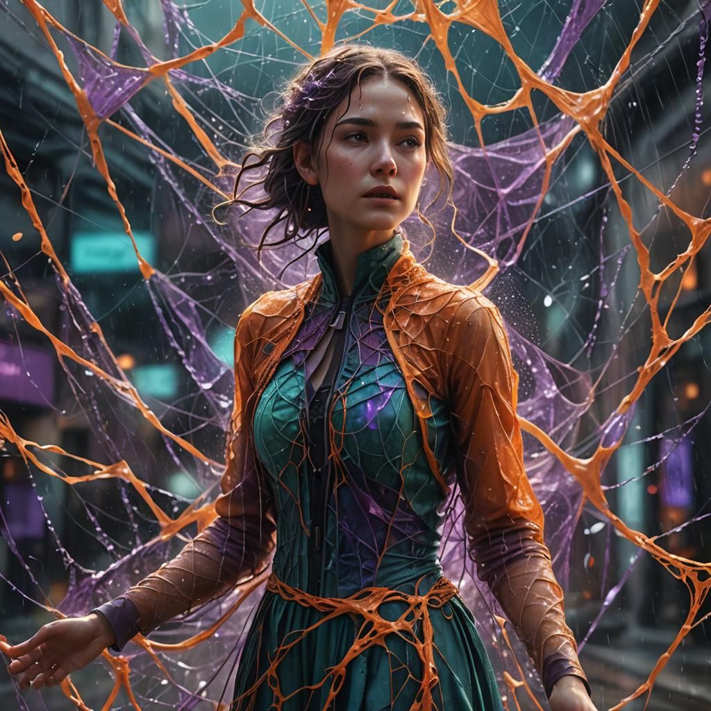 Surreal Woman in Spiraling Webs, Hyper-Realistic Art