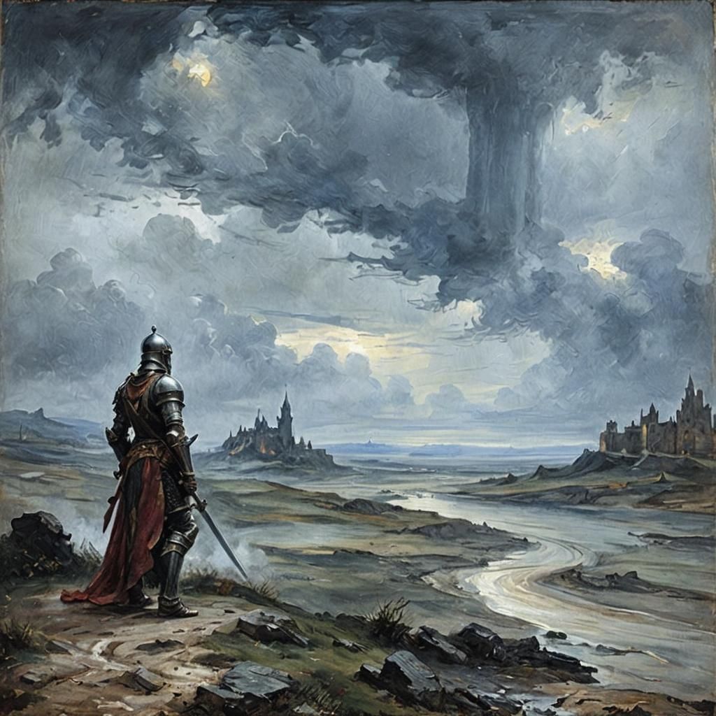 Knight Approaching Dark Tower in Romantic Style