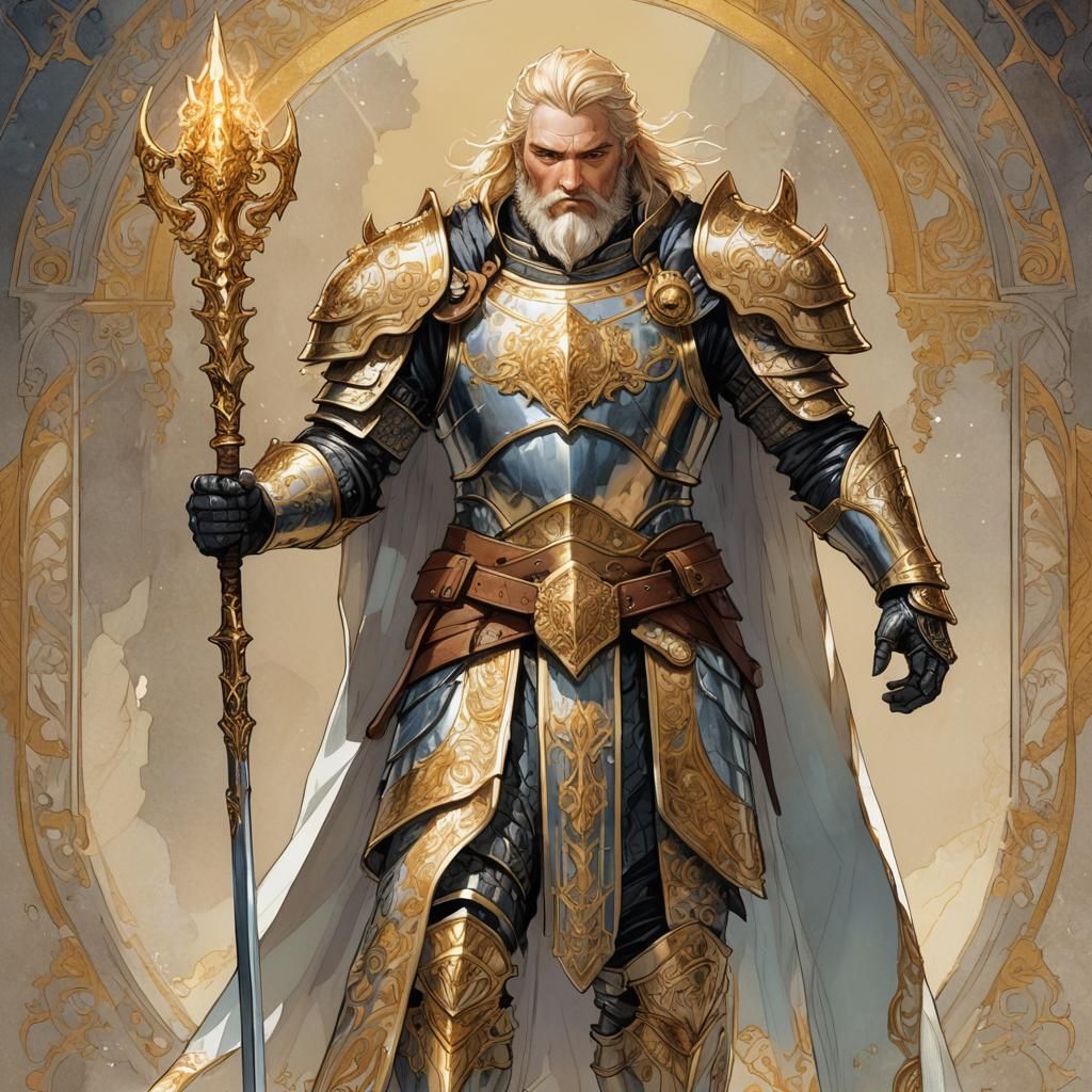 Aasimar Cleric in Golden Armor, Fantasy Art