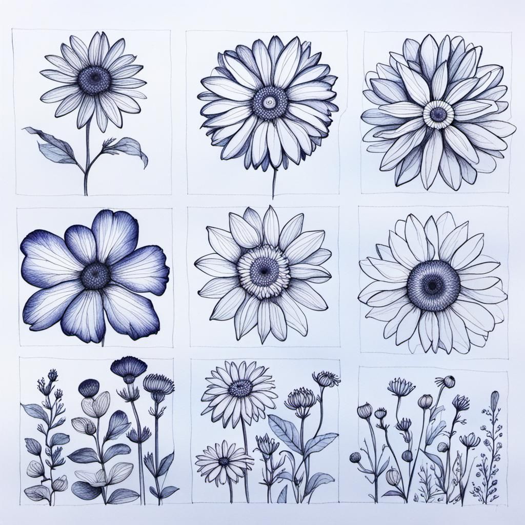 Ink Flower Drawings in Varied Growth Stages