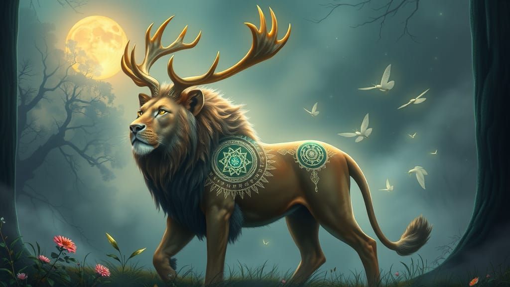 Regal Lion-Elk Guardian in Moonlit Sacred Grove