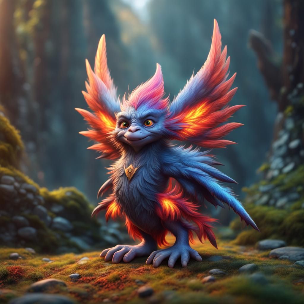 Hyperrealistic Troll as a Cute Firebird