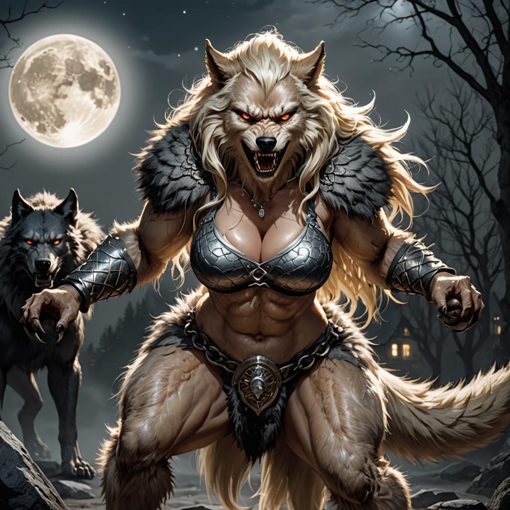 Muscular Female Werewolf Offering Tail to the Moon