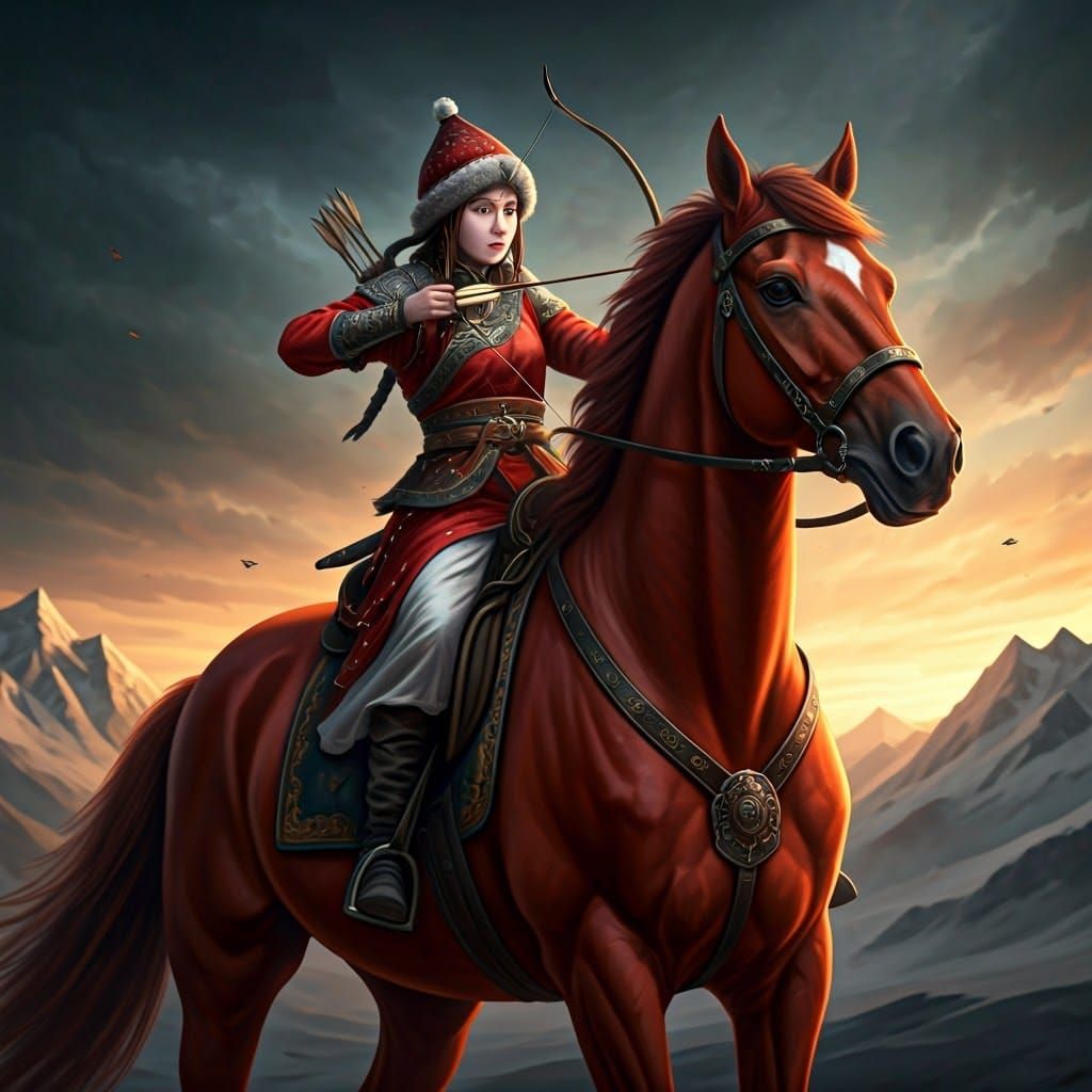 Hyperrealistic Girl Riding Red Horse in Dramatic Landscape