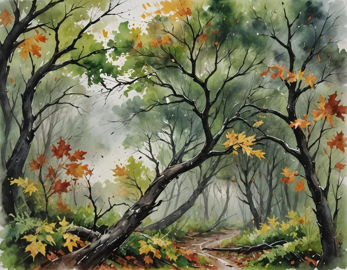 Trees Bending in Wind: Impasto Watercolor